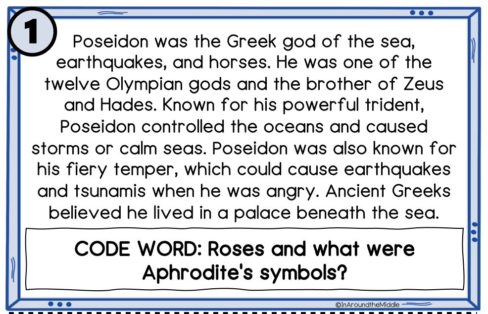 Image is an example from a pre-reading activity for Percy Jackson and the Lightning Thief. Shows text on the Greed god Poseidon. Part of a close reading scavenger hunt by In Around the Middle available on TPT.